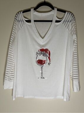 Women's White Holiday Wine Glass Graphic V-Neck Top